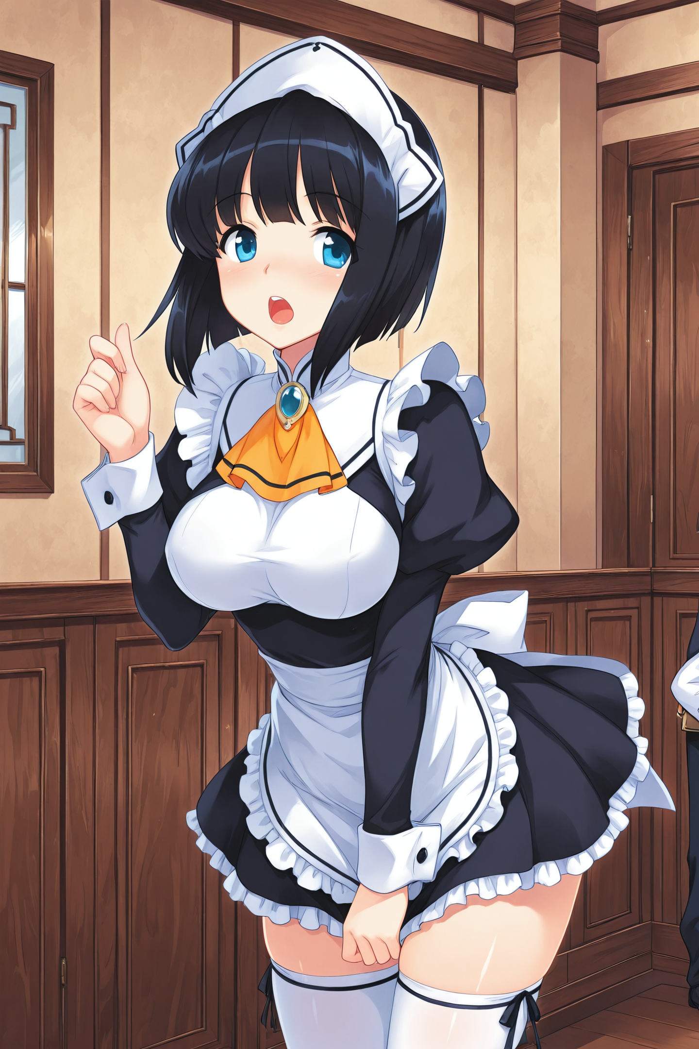 43854-1619022826-slo,Siesta,maid,blue eyes,black hair,thighhighs,short hair,open mouth,maid headdress,1girl,apron,indoors,__lora_Eiji Usatsuka_il.png